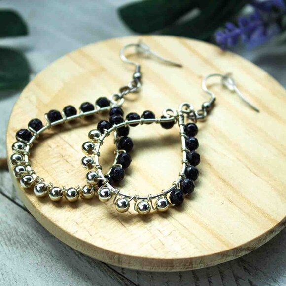 Teardrop Earrings with Blue Sandstone and Silver Accent Beads - Picture 4 of 12